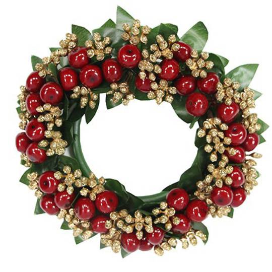 Pillar Candle Ring Red/Gold Glitter Berry 15cm